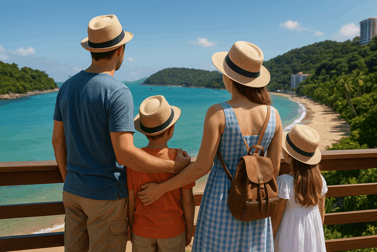 Família com duas crianças de chapéu observando uma praia a partir de um mirante