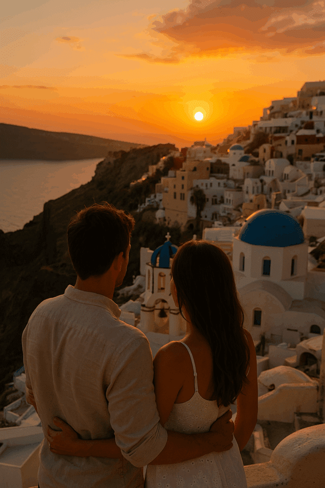 Casal de costas observando o pôr do sol sobre casas brancas e cúpula azul em Santorini, na Grécia