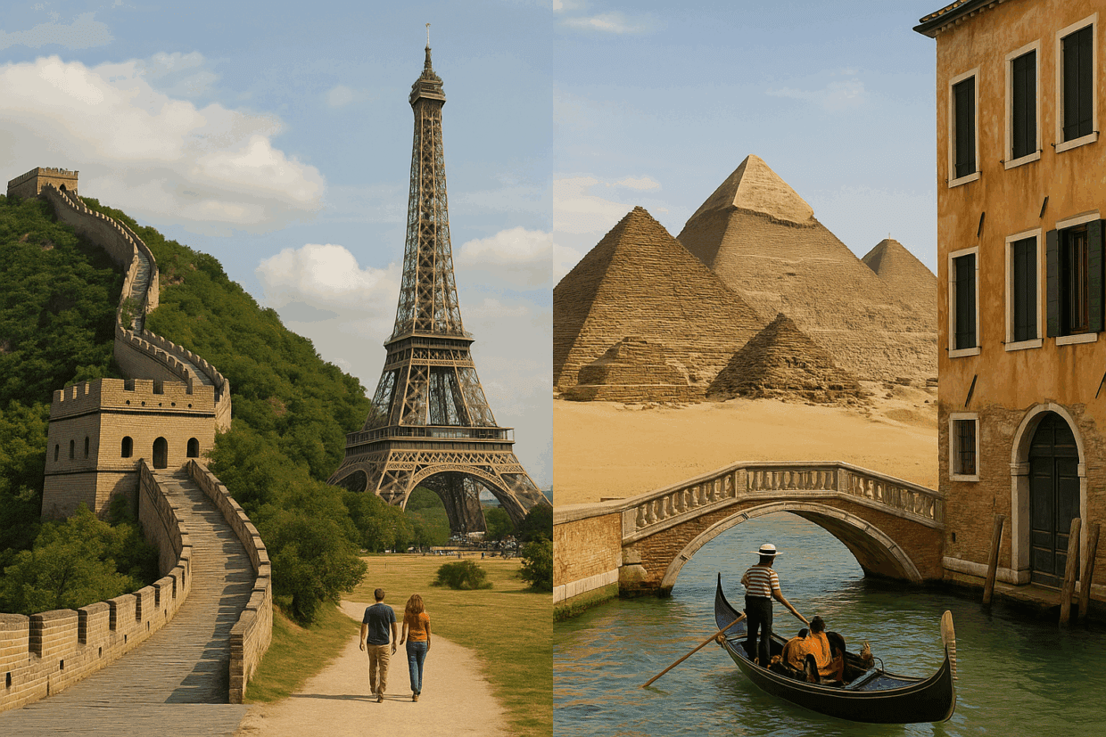 Colagem de destinos famosos: Muralha da China, Torre Eiffel, pirâmides do Egito e gôndola em canal de Veneza
