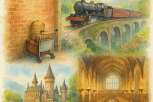 Ilustração em aquarela com carrinho na Plataforma 9¾, trem a vapor cruzando o viaduto de Glenfinnan, castelo ao fundo e o Grande Salão iluminado, em clima de primavera.