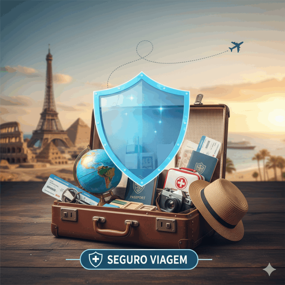 Mala de viagem aberta com escudo azul de proteção e a inscrição Seguro Viagem, com a Torre Eiffel ao fundo