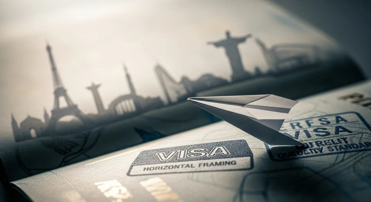 Close-up de um passaporte com carimbo de visto e avião de papel, símbolo de segurança viagem internacional