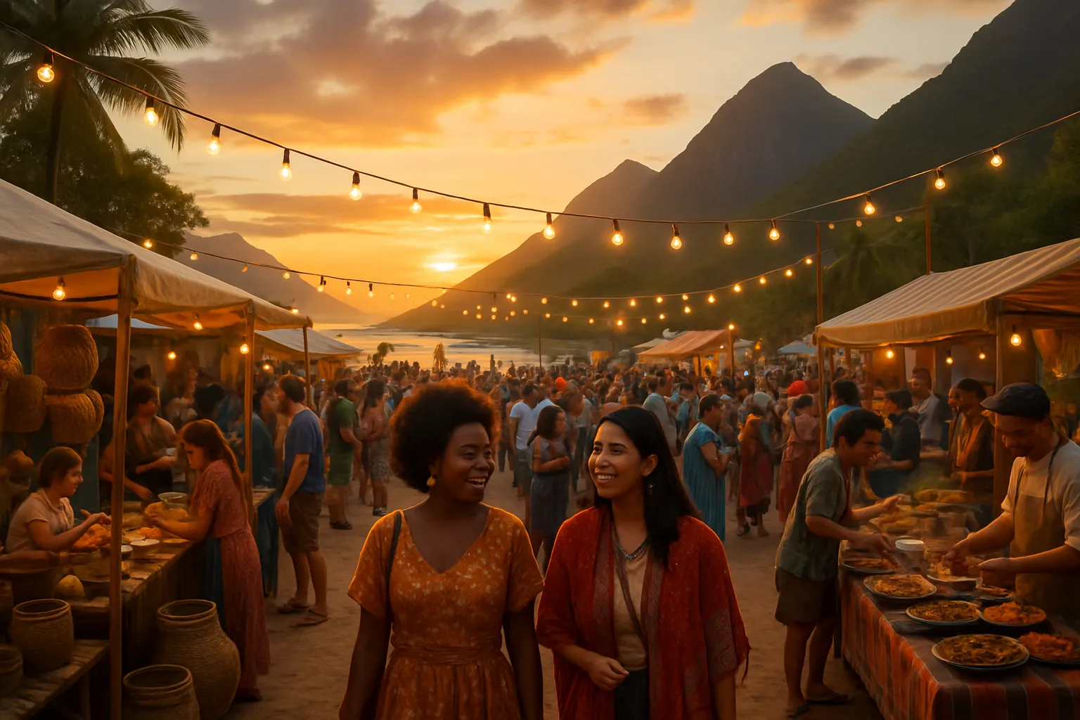 Festival cultural ao pôr do sol em destino tendência de 2026 com moradores e turistas interagindo