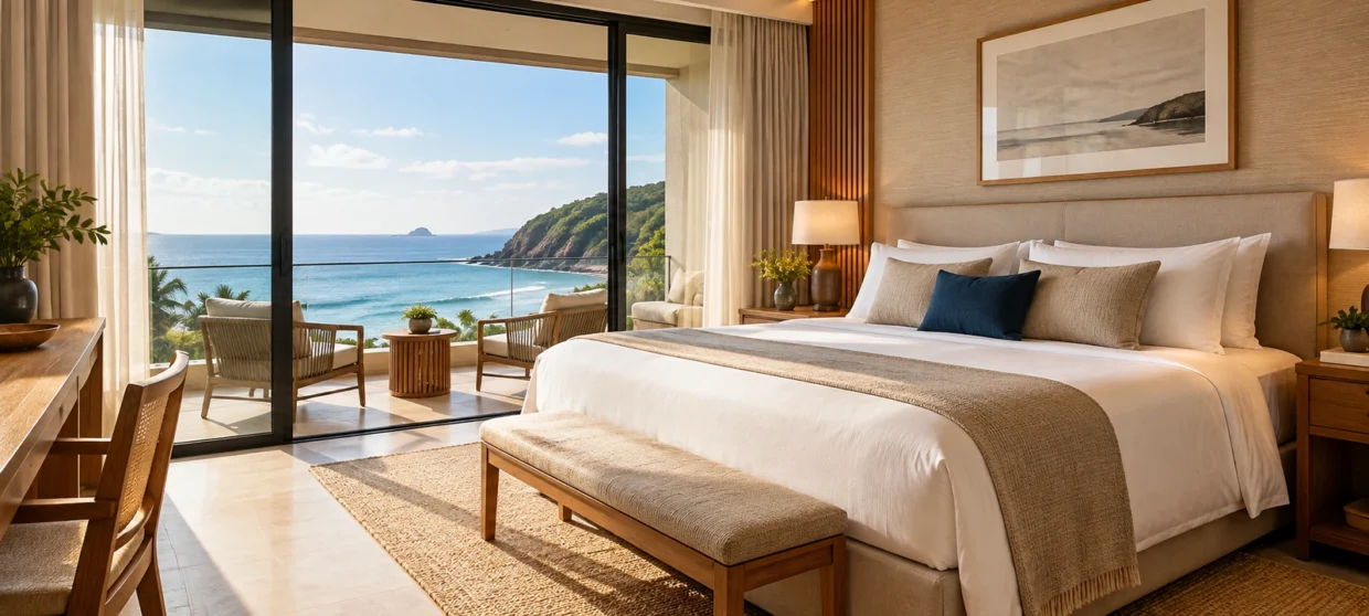 Quarto de hotel com cama de casal, decoração em tons neutros e varanda com vista para o mar