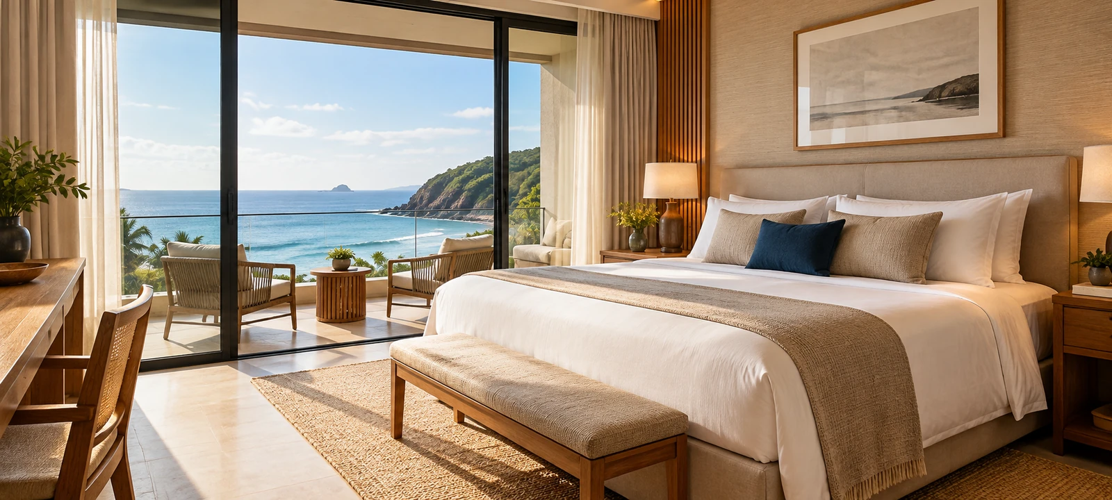 Quarto de hotel com cama de casal, decoração em tons neutros e varanda com vista para o mar