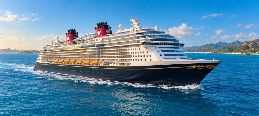 Ilustração do navio Disney Wish navegando em mar azul, com casco escuro e duas chaminés vermelhas.