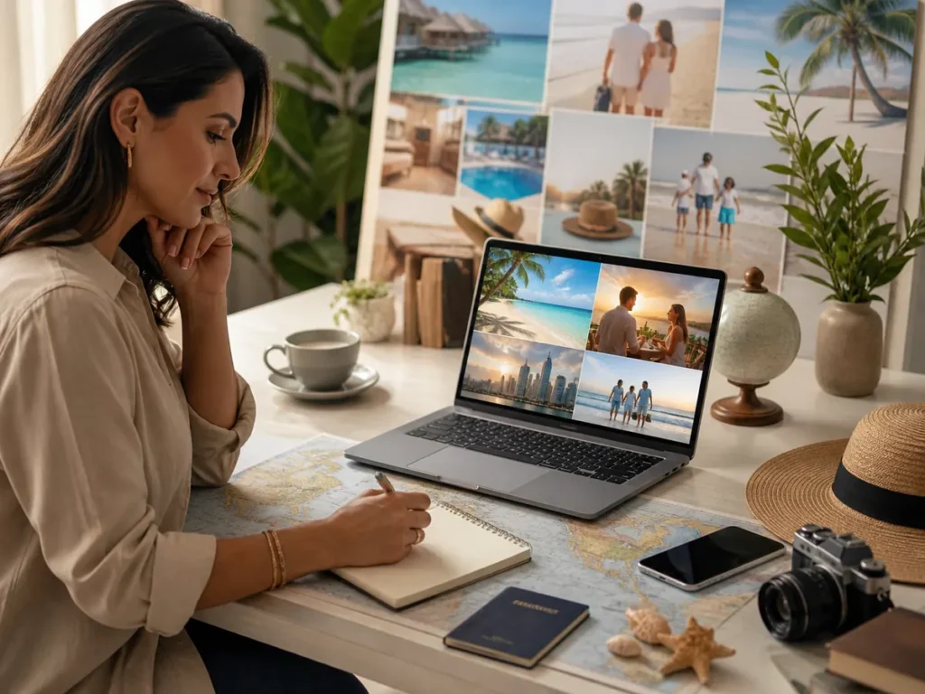 Mulher planejando uma viagem à mesa, com notebook mostrando fotos de praias, mapa, caderno, passaporte e câmera
