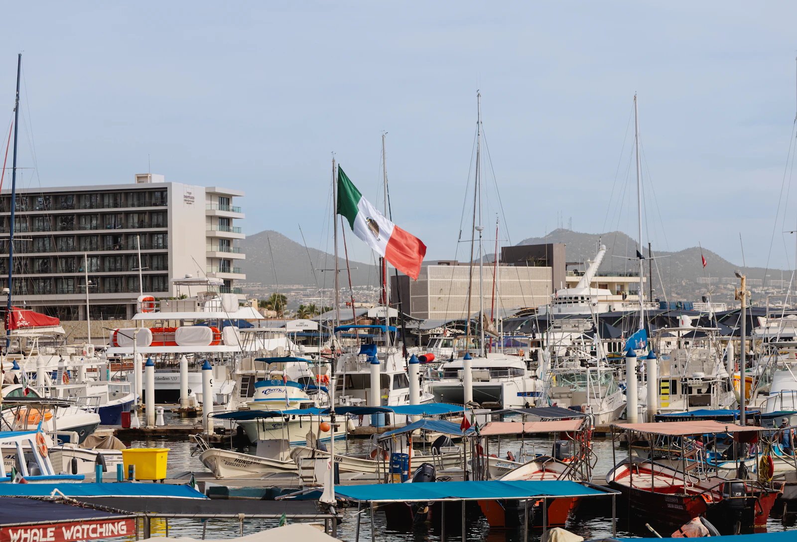 Marina de Cabo San Lucas, em Los Cabos, com barcos de passeio e a bandeira do México.