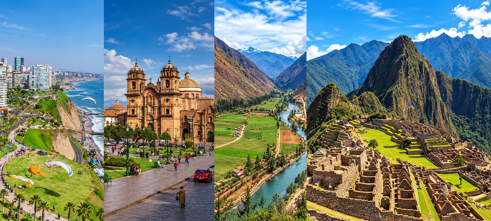 Colagem com Lima, Cusco, Vale Sagrado e Machu Picchu, no Peru