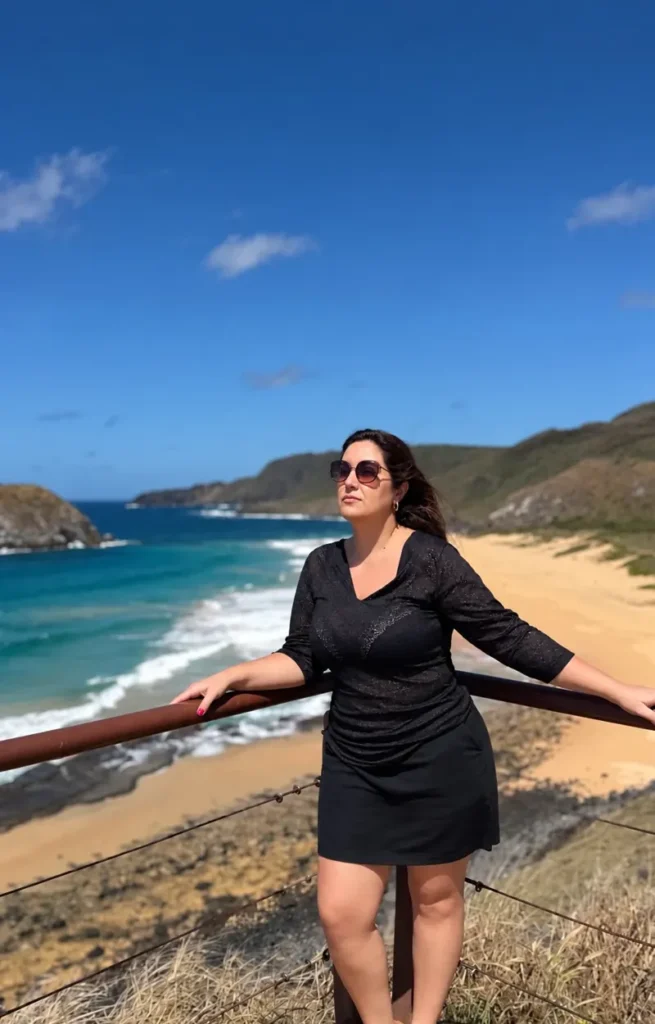 Vanessa Servantes, agente de viagens da Flyworld Jundiaí, em um mirante de Fernando de Noronha com o mar ao fundo