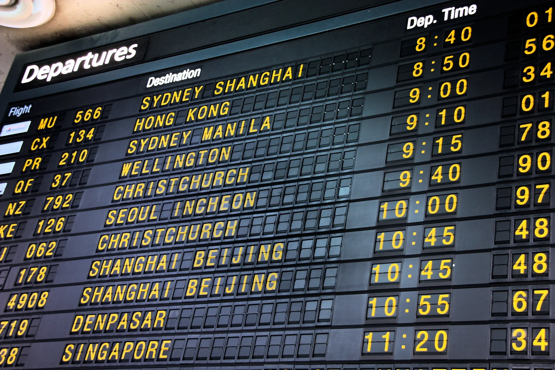Painel de partidas do Aeroporto de Melbourne com destinos, números de voos e horários em letras amarelas.
