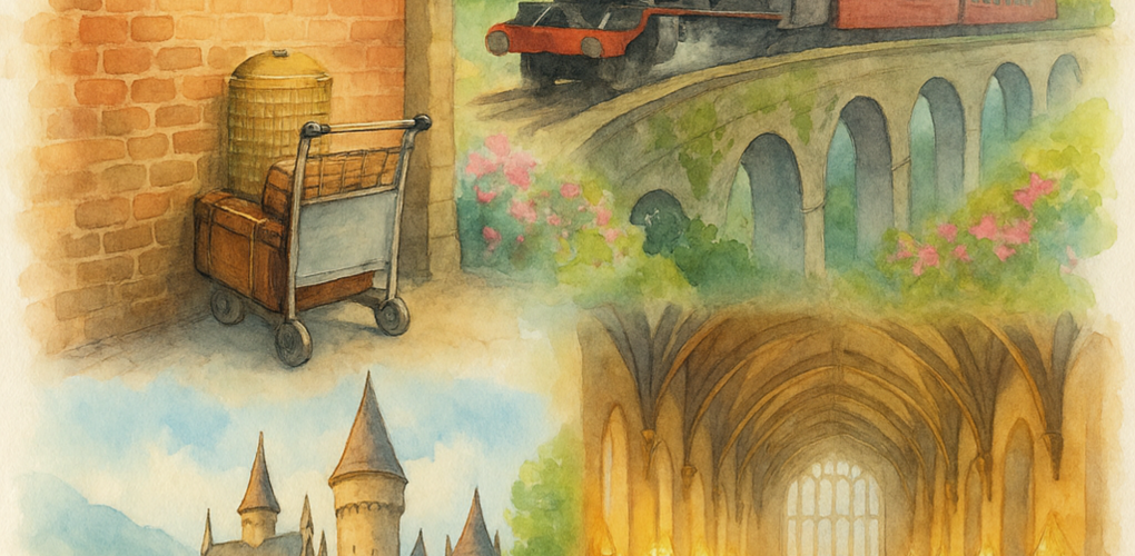 Ilustração em aquarela com carrinho na Plataforma 9¾, trem a vapor cruzando o viaduto de Glenfinnan, castelo ao fundo e o Grande Salão iluminado, em clima de primavera.