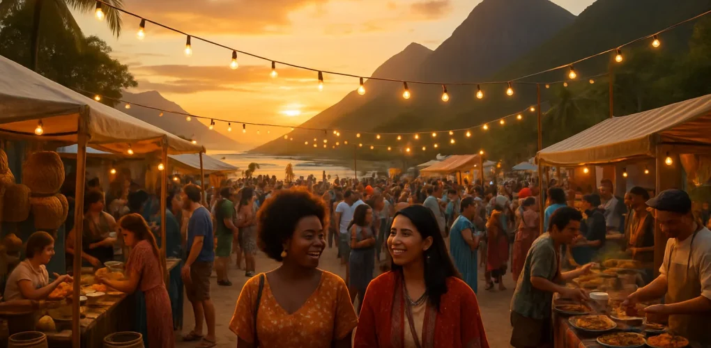 Festival cultural ao pôr do sol em destino tendência de 2026 com moradores e turistas interagindo