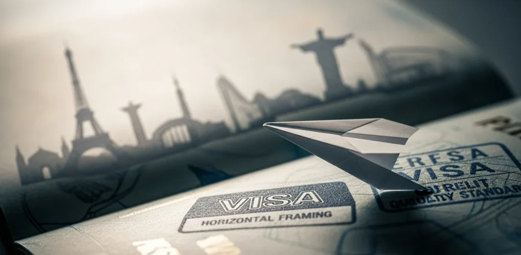 Close-up de um passaporte com carimbo de visto e avião de papel, símbolo de segurança viagem internacional